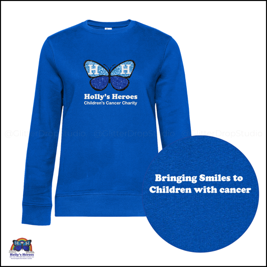 Blue sweatshirt with a butterfly design and 'Holly's Heroes' text on a white background