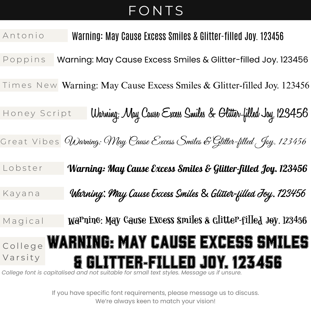 Comparison of various font styles with a humorous warning message.