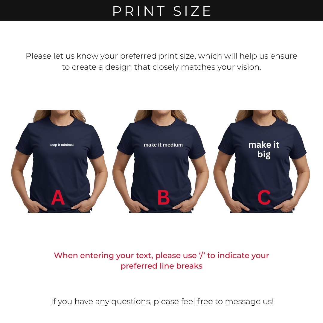 Three people wearing navy blue t-shirts with text 'keep it minimal', 'make it medium', and 'make it big' to demonstrate print size.