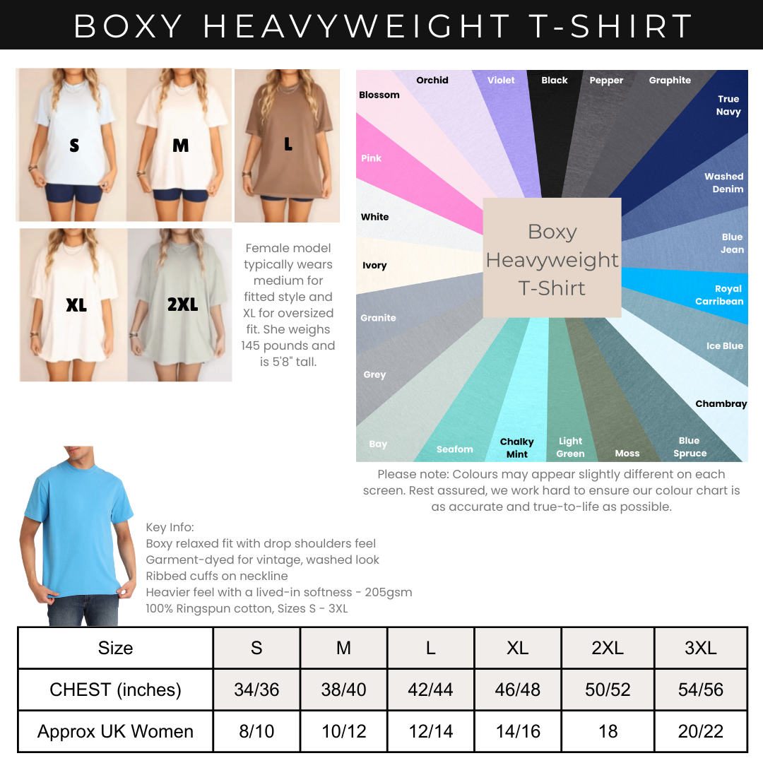 Color chart and size guide for Boxy Heavyweight T-Shirts with model wearing the shirt.