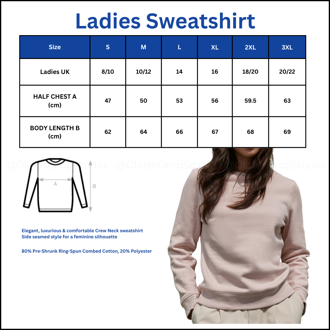 Ladies sweatshirt size chart with a model wearing the sweatshirt.