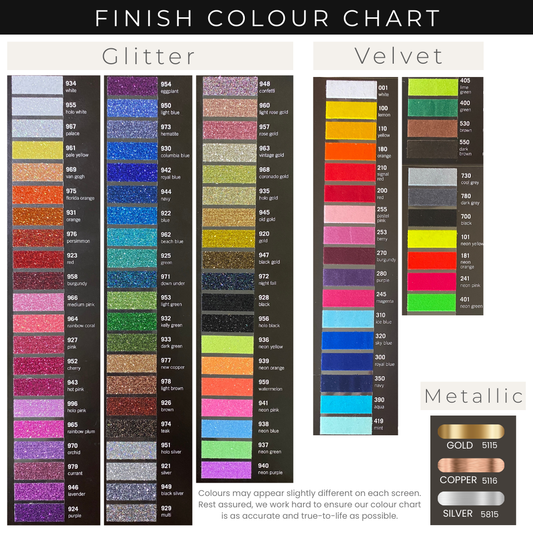 Color chart with glitter, velvet, and metallic finishes