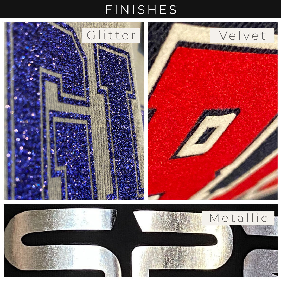 Collage of glitter, velvet, and metallic finishes on a logo design.