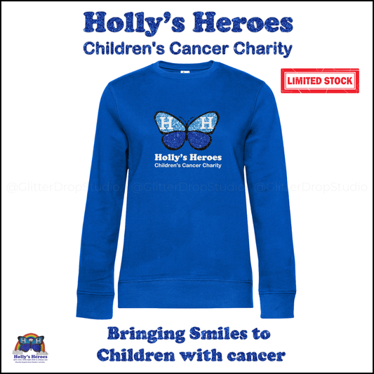 Blue sweatshirt with 'Holly's Heroes' logo and text on a white background